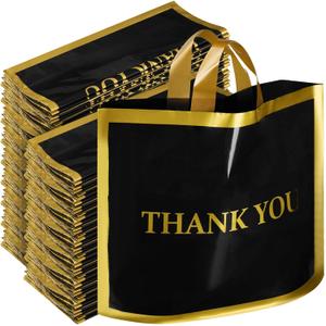 Sweetude 200 Pcs Black Thank You Plastic Shopping Bags with Handle 12 x 15 In Merchandise Boutique Bags for Small Business Gifts Stores