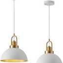 Farmhouse 11.81" White Pendant Light with Gold Finish, Industrial Metal Hanging Lighting Fixtures, Adjustable Height Dining Room Chandelier for Kitchen Island Hallway and Foyer 2 Pack
