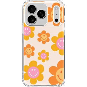Indie Smile Face Flower Daisy Power Phone Case Compatible with iPhone 17 Pro, Retro 90s Orange Case for iPhone 17 Pro, Trendy Design TPU Bumper Cover Case