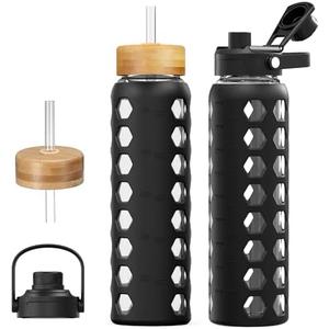 MUKOKO Glass Water Bottles, 64 oz Glass Tumbler with Straw, Drinking Bottles with 2 Lids-Handle Spout Lid & Bamboo Straw Lid, Motivational Water Bottle with Time Marker and Silicone Sleeve, 1 Pack-Black