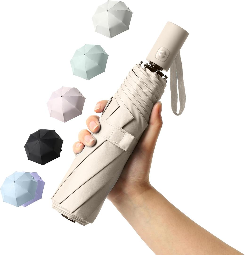 BAODINI Small UV Protection Travel Umbrella Compact for Rain and Sun UPF 50+ 41 inch Portable Umbrella for Women and Men (Beige)