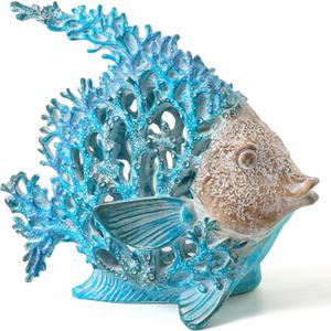 VVGIFTS Beach Coastal Decor Coral Reef Angelfish Home Office Desk Decor Sculpture Statue for Tabletop Shelf Bathroom Decoration Ornament Gift (Turquoise and Blue)