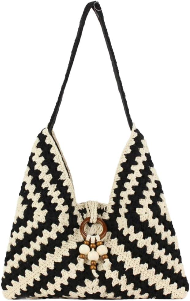 Straw Slouchy Hobo Bag for Women Handwoven Satchel Purse Summer Beach Tote Handbag with Beaded Travel Casual Shoulder Bag
