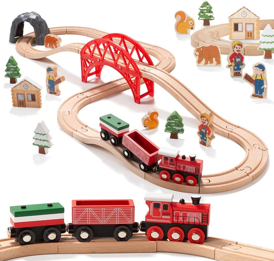 Giant bean 36PCS Forest Wooden Train Set Toy for Toddler Kids, Expandable Changeable Wooden Train Track for Boys & Girls 3-7, Christmas Birthday Gift, fits for Brio,Thomas, Melissa and Doug