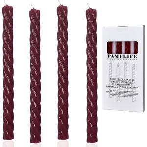 10 Inch Burgundy Red Spiral Taper Candles, 4 Pack Unscented Dripless Long Burning Time Glossy Candlesticks for Dinner Party, Wedding Shower and Home Decoration (Burgundy)