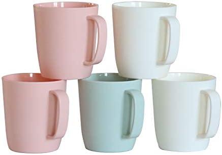 Kurala Coffee Mugs Set of 5, 10 Ounce Unbreakable Plastic Cups With Handle, 3 Basic Colors, Dishwasher Safe