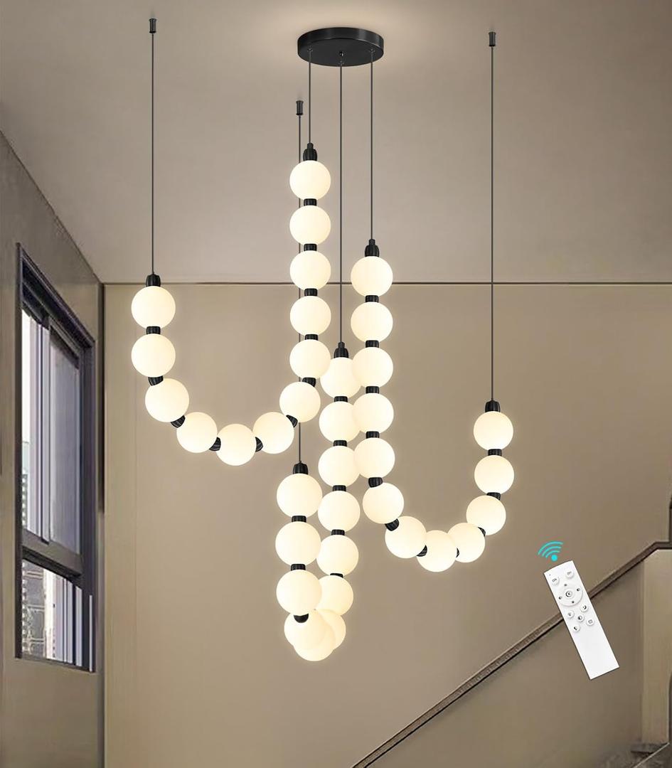 Modern Chandeliers LED Dimmable Light Acrylic Balls Ceiling Pendant Lighting for Living Room Dining Room Bedroom Adjustable Hanging Lights 70 Watts, Balck Lamp (3 Ring, Black)