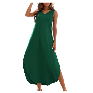 Anrabess Women's Summer Casual Loose Sundress Long Dress Sleeveless V Neck Split Tshirt Maxi Dresses, Medium, Green 