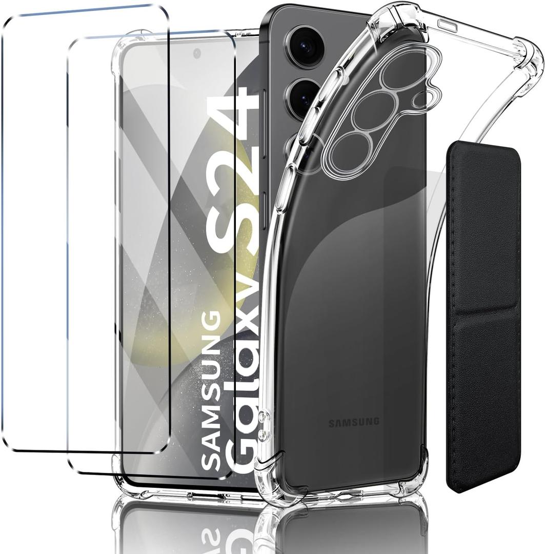 for Samsung Galaxy S24 Case, Shockproof TPU Clear Cover with 2 Pack Tempered Glass Screen Protectors & Leather Kickstand (3M Adhesive Mount) for Stand/Horizontal Viewing, Clear