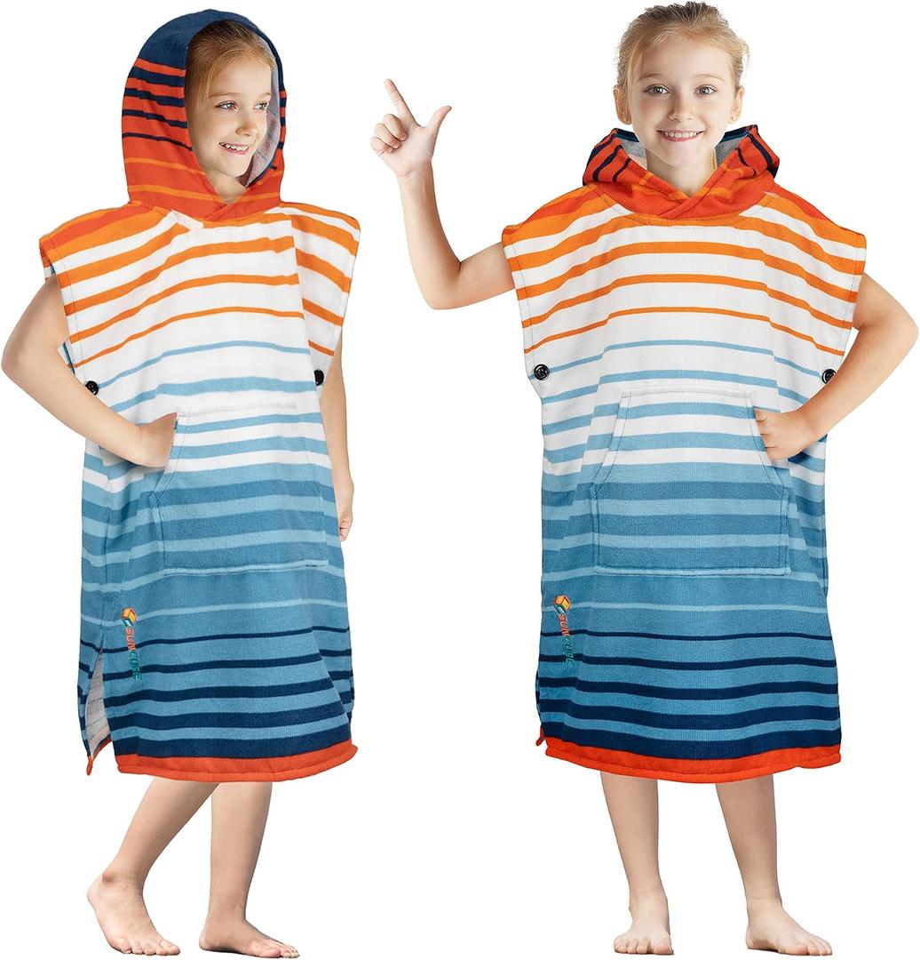 SUN CUBE Kids Changing Robe Surf Poncho, Kids Beach Towels for Teens, Microfiber Hooded Wearable Swim Towel Boys Girls Teenagers (Kids (3-7), Orange Stripe)
