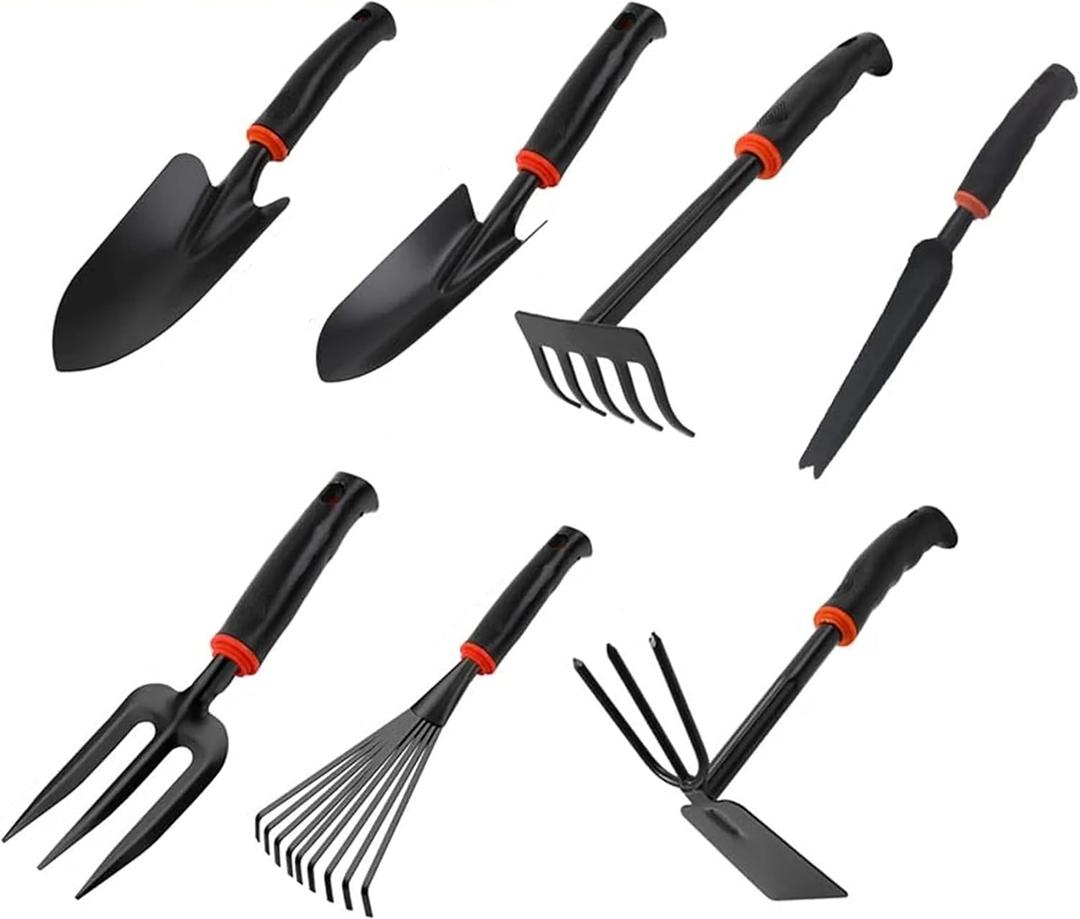 Garden Tool Set (Garden Tool Set, 7 Pieces, Gardening Tool Kit Including 2 Shovels, Rakes, Cultivators, and Transplanting Tools, Rust-Resistant Iron Tools, Rubber Grip Handles (7)