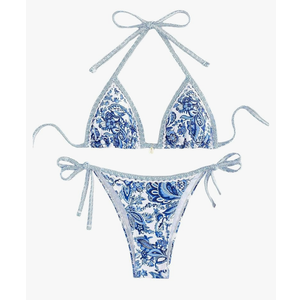 Women's Floral Printed Bathing Suit Halter Paisley Summer Swimsuit Bikinis Set Dark Blue S