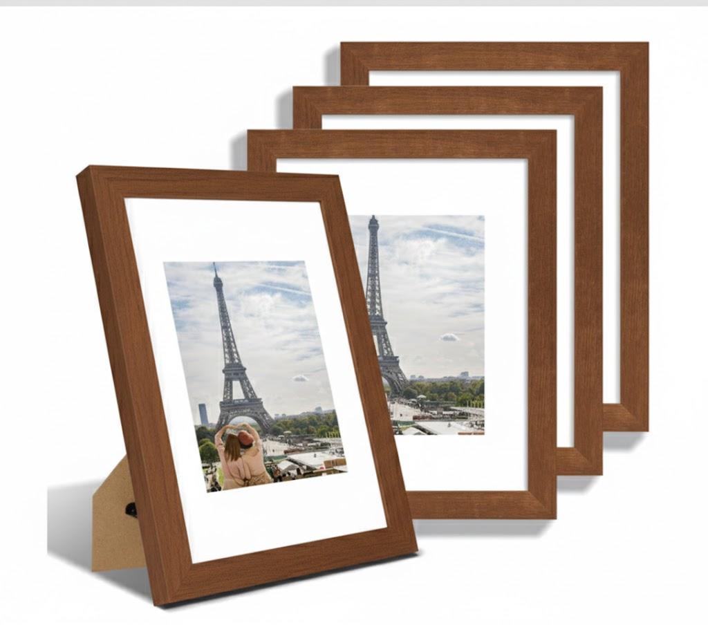 Hongkee 9x11 Picture Frame Set of 4, Made of Real Glass and Rustic Brown Frame - Display Picture 7x9 with Mat or 9x11 Without Mat, 9 by 11 Photo for Wall or Tabletop
