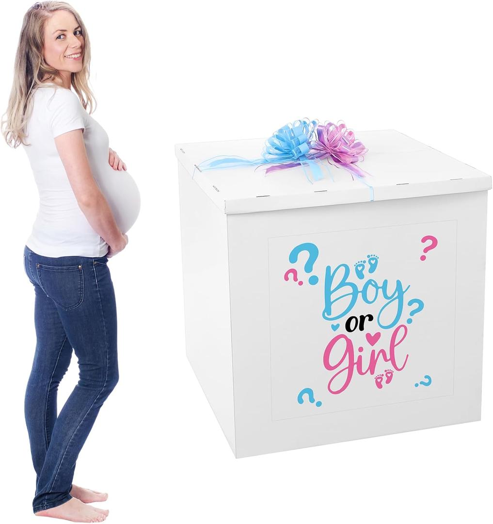 AmazingSpark 28in Jumbo Gender Reveal Gift Box Kit with Oversized Box Giant Pull Bows Boy or Girl Stickers for Gender Reveal Baby Shower Birthday Party Decor