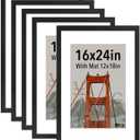 VCK 16x24 frame 5 Pack, Display Poster 12x18 with Mat or 16x24 without Mat, Textured Exclusive Solid Wood Picture Frame, Black
