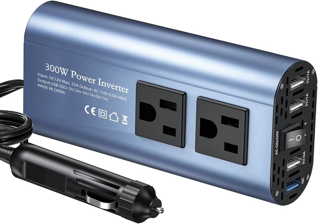 SUNWHEEL 300W Power Inverter DC 12V to 110V AC Car Inverter with 25W Quick Charge, 6.0A 4 USB Ports, Dual AC Adapter for Laptops Charger (Blue)