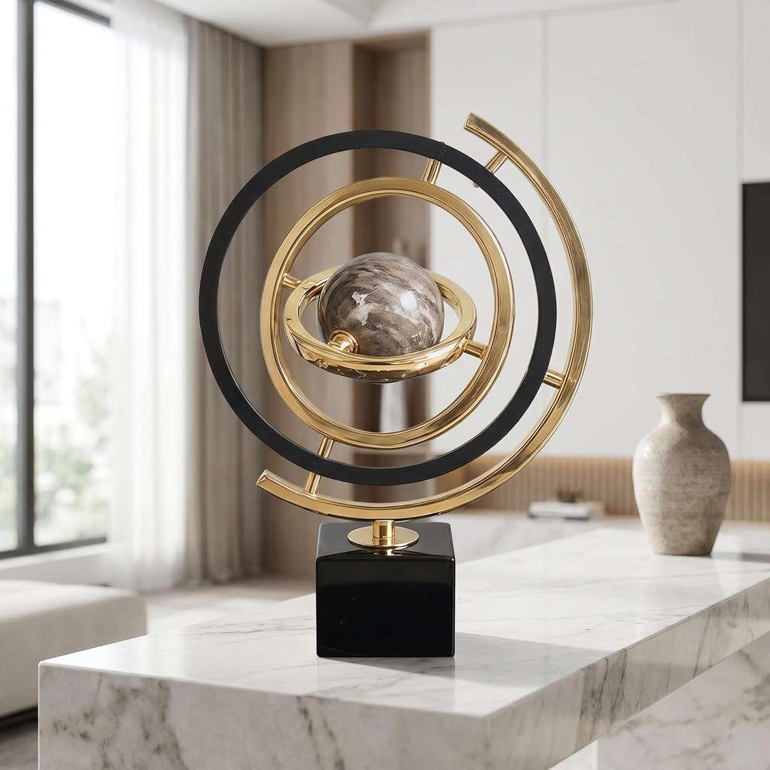 Abstract Metal Globe Sculpture Decor - Modern Black and Gold Desk Art for Office, Living Room Tabletop Decor, Unique Home Decoration Gift