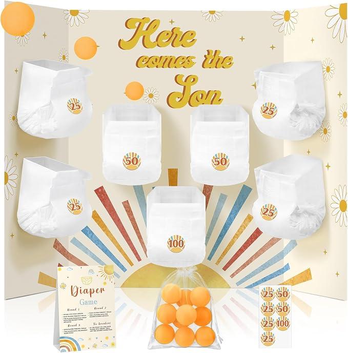 Ctosree 31 Pcs Here Comes the Sun Theme Baby Shower Diaper Game 1 Diaper Baby Shower Game Board 7 Diapers 10 Plastic Balls 1 Organza Bag for Bridal Games Boy Girl