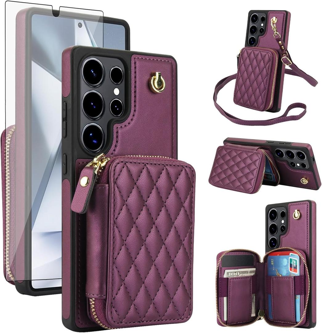 Phone Case for Samsung Galaxy S25 Ultra 5G Wallet Cell Cover with Tempered Glass Screen Protector Wrist Crossbody Strap RFID Blocking Card Holder S25Ultra 25S S 25 25Ultra 6.9 2025 Women Dark Purple