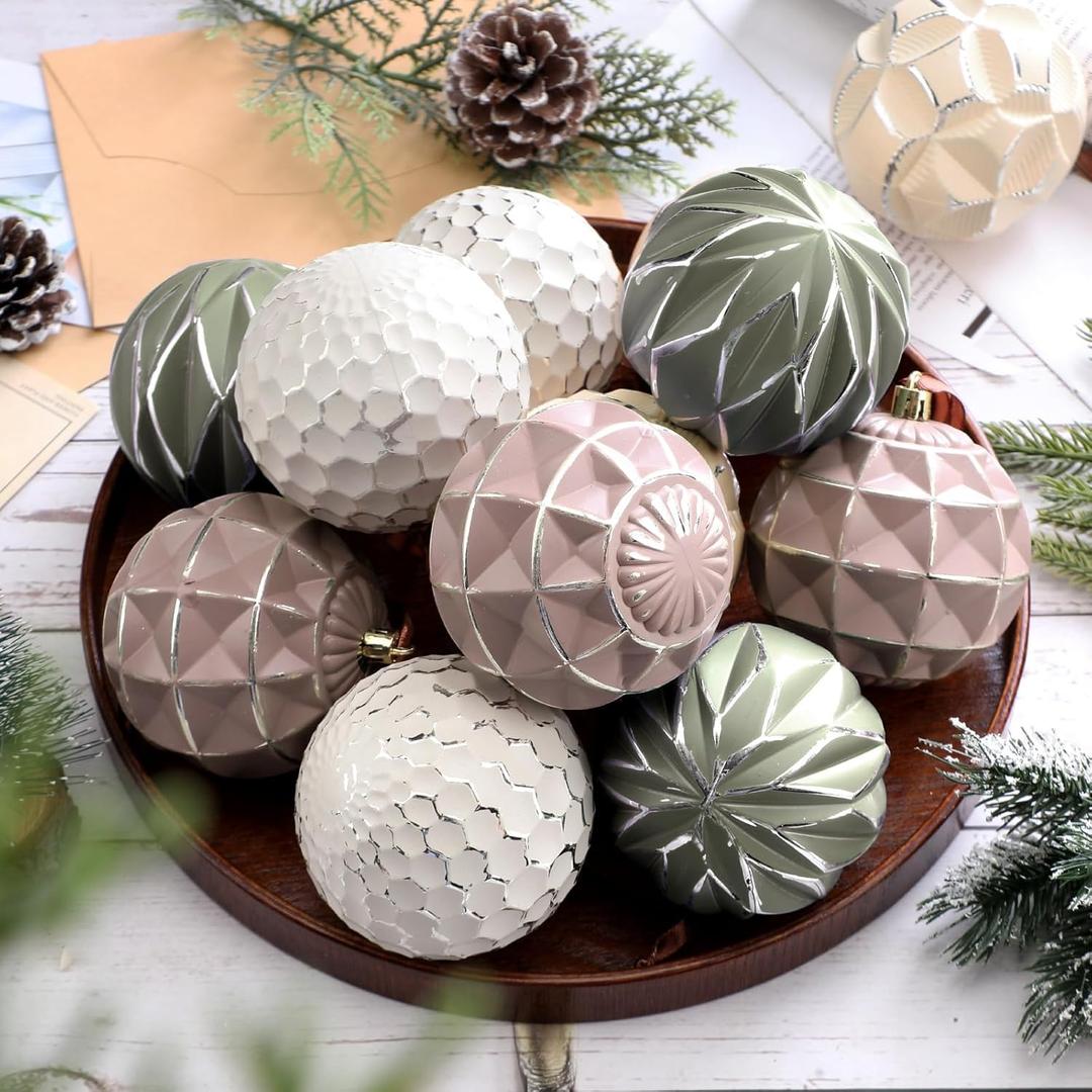 12 Pcs Neutral Textured Christmas Ball Ornaments 3.15 Inch Rustic Boho Sage Green Ivory Nude Mauve Xmas Bulbs Farmhouse Distressed Xmas Tree Baubles Vintage Antique Modern Christmas Decor