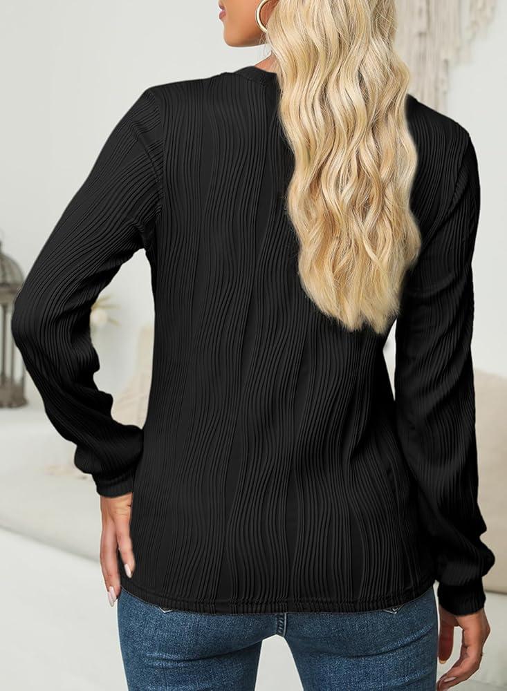 Womens Tops Trendy Dressy Casual Long Sleeve Crewneck Basic T Shirts Solid Loose Textured Blouses Outfits
, Size Small