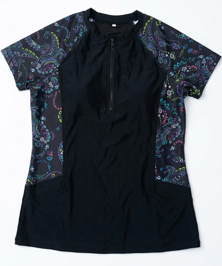 Halcurt Women's Half Zip Short Sleeve Rash Guard Top with Bra Side Pockets Swim Shirts UPF50+ Swimsuit Black Paisley, M