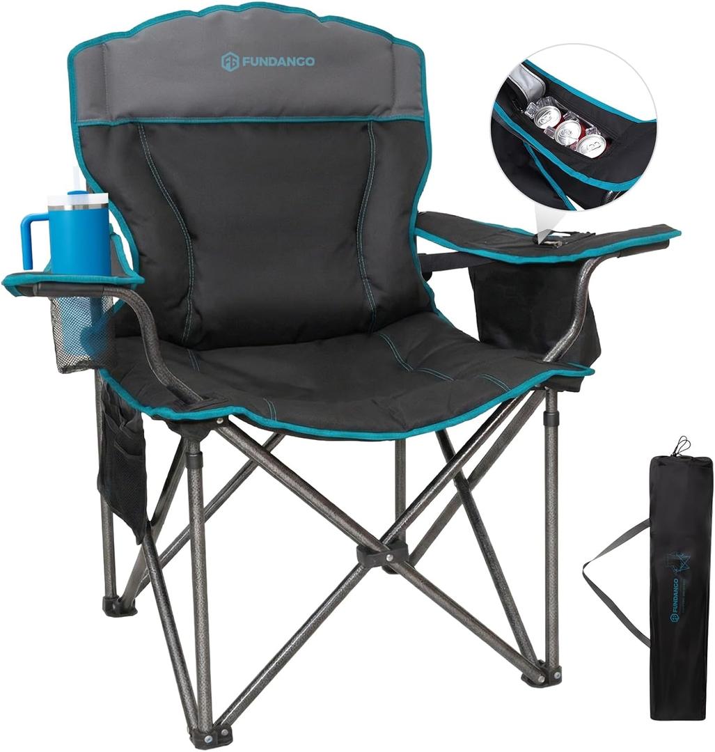 FUNDANGO Oversized Camping Chair for Adults,550lbs Heavy Duty Foldable Portable Lawn Chair with Padded Seat & Back, 4-can Cooler & Cup Holder, Carry Bag Included for Outdoor (Black/Grey) (21"D x 40.55"W x 38.6"H)