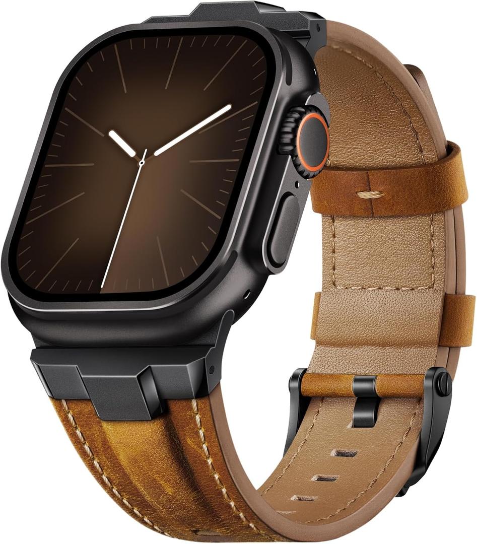 Suitisbest Leather Band Compatible for Apple Watch Ultra Band 49mm 46mm 45mm 44mm 42mm 41mm 40mm, Genuine Leather Replacement Strap for iWatch series 11 10 9 8 7 6 5 4 3 2 1, SE 3 2 1, Ultra 3 2 1 (Black/Retro Brown)
