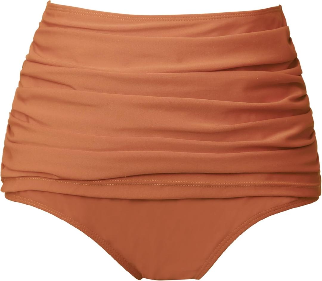 COCOPEAR Women's High Waisted Full Coverage Bikini Bottom Ruched Bathing Suit Bottoms for Women Tummy Control Swim Bottoms (Medium, Light Orange)