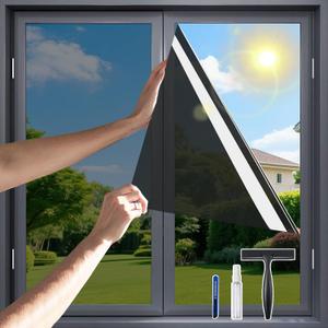 One Way Privacy Window Film，Flueen Shatterproof PET Window Tint for Heat Control & 99% UV Protection Blackout Window Treatment for Home, Office Doors with Eco-Adhesive Nocturnal Black 31.5"×78.7"