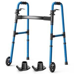 Loyoda Folding Walker with 2 Skis and 5" Wheels, Lightweight Walkers for Seniors and Adults, Supports Up to 350 Pounds, Adjustable Height, Compact Standard Walker, Blue