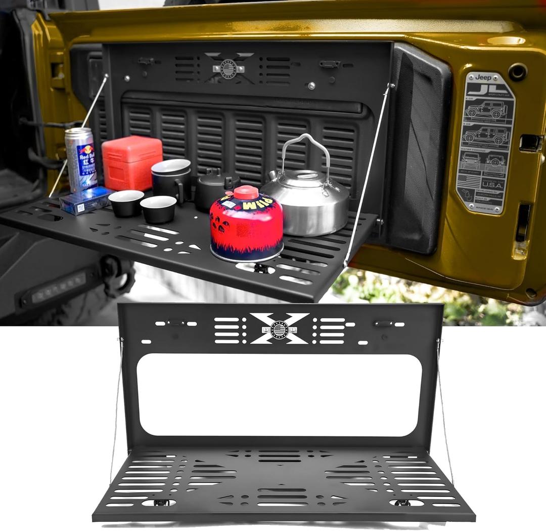 X-Style Tailgate Table for Jeep Wrangler JK JL 2007-2026, US Flag Drop Down Rear Cargo Shelf, Rattle-Free Foldable Molle Panel, Overlanding Camping Gear