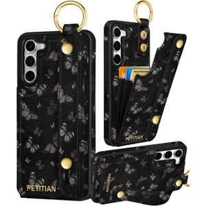 Petitian for Samsung Galaxy S23 Case with Wallet - Women Girls Cute Girly Aesthetic Unique Design Leather Credit Card Holder Cardholder Stand Wristband for S23, Black Butterfly