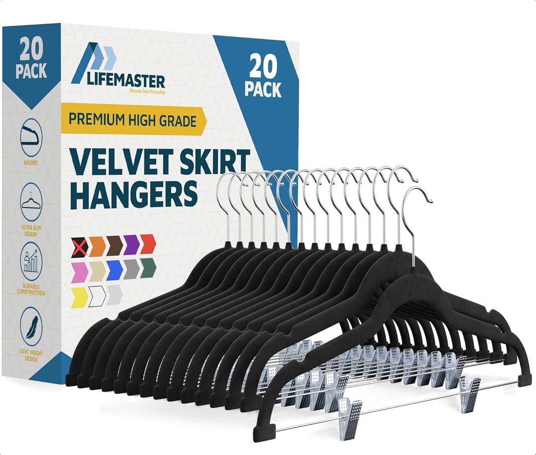 Lifemaster Velvet Skirt Hangers – with Adjustable Clips, 360 Degree Swivel Hook, and Non-Slip Shoulder Notch, Holds Up to 10 lbs, for Organizing Skirt, Pants, Dress, and Clothes, Pack of 50, Green