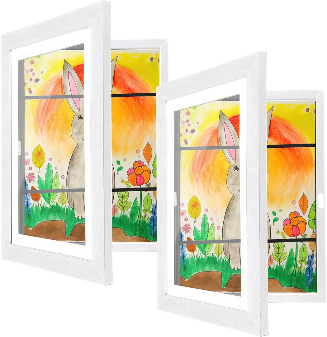 [2-Pack] Kids Artwork Frames Changeable, 10 x 12.5-IN Frames for Kids Artwork, Front Opening Picture Frames, Home Decor, Up to 150 Pcs of Kids Art Frame, Craft Storage, Hanging Wall Decor, for 3D Pictures, Crafts, Children Drawing, Hanging Art, Portfolio, White