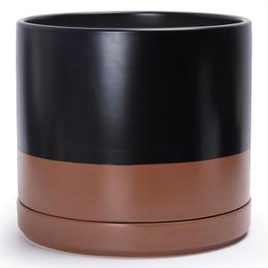 D'vine Dev 14 Inch Ceramic Planter Pot with Drainage Hole and Saucer, Indoor Cylinder Round Planter Pot, Black/Speckled Tan, 94-O-G-7, XX-Large