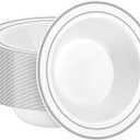 50 Pack Disposable Soup Bowls with Silver Rim, 12oz Premium Heavy Duty Plastic Dinner Bowls for Party, Wedding and Holiday