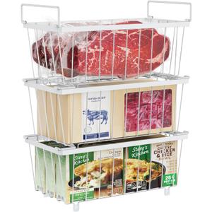 iSPECLE Chest Freezer Organizer Bins - Fits 7 Cu.Ft Deep Freezer, 3 Pack Stackable Wire Baskets(14.7" Length), Heavy Duty Coated Freezer Organizer, Rust Resistant for Frozen Food Sorting, White