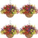 Zounys 4 Set Artificial Faux Hanging Plants Flowers Basket for Summer, Artificial Outdoor Flowers Hanging Basket, UV Resistant Artificial Flowers, Front Porch Garden Patio Home Decor