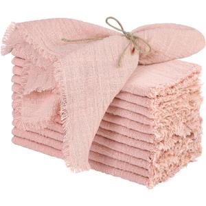 TURSTIN 12 Pieces Cotton Linen Cloth Napkin Handmade Cloth Napkin with Fringe 17 x 17 Inch Soft Cloth Dinner Wedding Napkin Square Rustic Fringe Napkin for Dinners, Parties, Weddings, Dusty Pink
