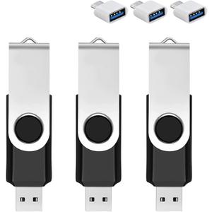 3 Pack 64GB USB Flash Drive with Type C Adapter and Storage Box USB 2.0 High Speed Metal Pen Drive 360 Rotatable Storage Memory Stick for Phone/Pad/PC/Laptop/Android - Black(3-Pack 64GB)