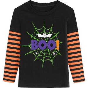 Kids Halloween Shirt Boys Girls Skeleton Hocus Pocus Pumpkin Face Glow in The Dark Graphic Tees Stripe Toddler Long Sleeve (Black)