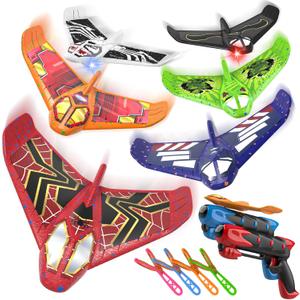 Fuwidvia 6 Pack Airplane Launcher Toys, LED Foam Airplane Toys for Kids, Outdoor Plane Flying Toys for Boys Girls Toys Age 3 4 5 6 7 8 9 10 11 12 Year Old boy Birthday Gift Ideas (Red&green&orange&blue&black&white)