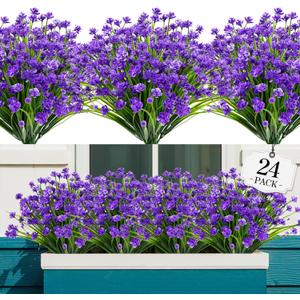 24 Bundles Artificial Flowers for Outdoor,No Fade Fake Plastic Flowers Faux Plants for Decoration Hanging Planters Indoor Outside Garden Porch Window Box Home Wedding Farmhouse (Dark Purple)