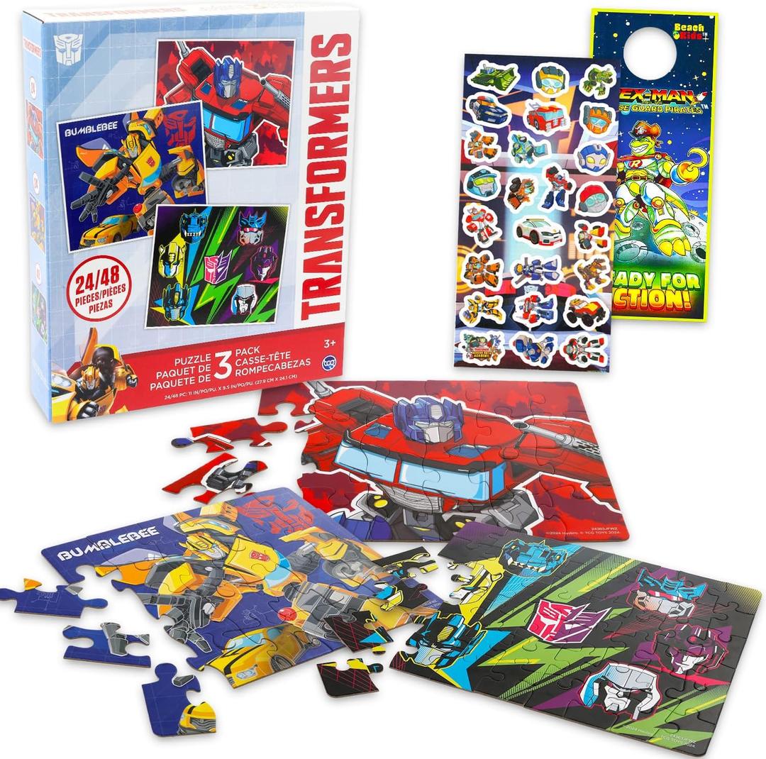 Transformers Jigsaw Puzzle Set - 3 Pack Puzzle Bundle with Two 24 Pc Puzzles, One 48 Pc Puzzle, Stickers and More for Kids | Transformers Toys for Boys
