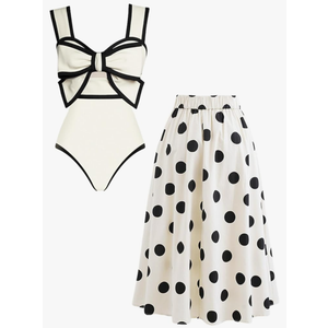 FLAXMAKER Black and White Swimsuit Bow-tie Decor Women's Polka dot Print Skirt One Piece Bathing Suit with Skirt Size M