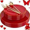 I00000 150Pcs Red Plastic Plates with Gold Rim,Fancy Plastic Plates,Nice Disposable Plates Set include 30 Dinner Plate,30 Dessert Plate, 90 plastic Silverware Set for Valentine's Day
