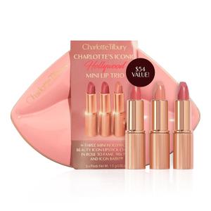 Charlotte Tilbury Iconic Hollywood Lip Trio - Limited-Edition Lipstick Gift Set Featuring K.I.S.S.I.N.G Shades - Moisturizing, Flattering Travel Size Lipsticks
