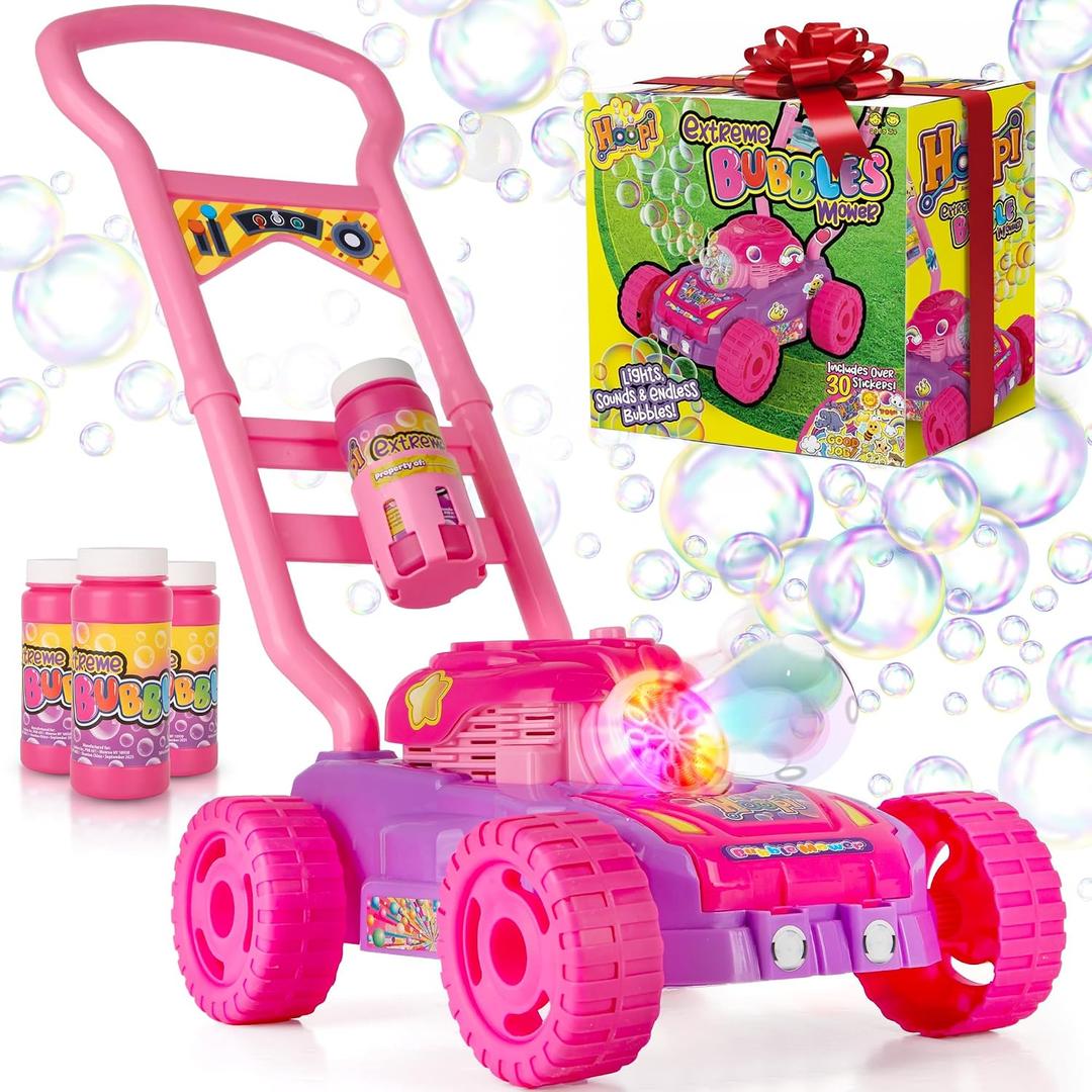 Hoopi Extreme Bubbles Lawn Mower for Toddlers, Spill-Proof Kids Bubble Machine with Lights for 2-Year-Old Girl Birthday Gift, Easter Gifts for Toddlers, Bubble Blowing Push Outdoor Toy with 3 Bottles, 21" x 11.5" x 9"