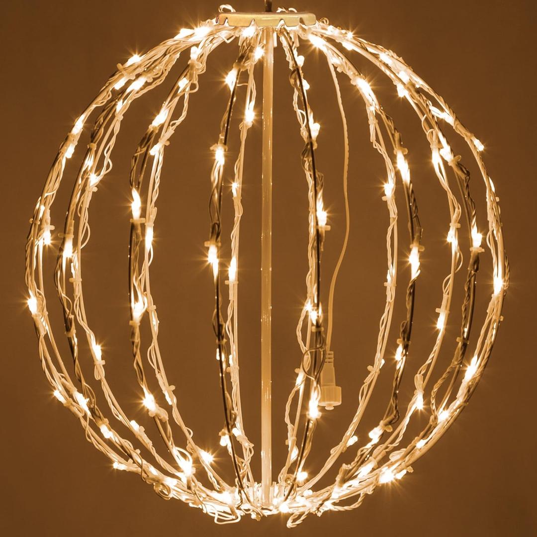 LED Ball - Indoor/Outdoor Christmas Light Spheres, Fold Flat Metal Frame (16", White Frame/Warm White Lights)